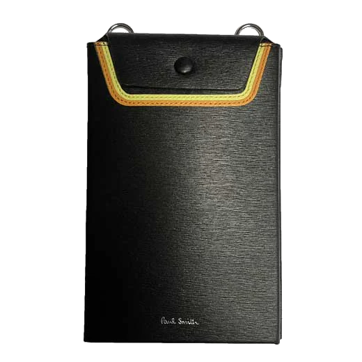 Paul Smith Black Straw Grain Leather Phone Wallet with Strap & Yellow Details