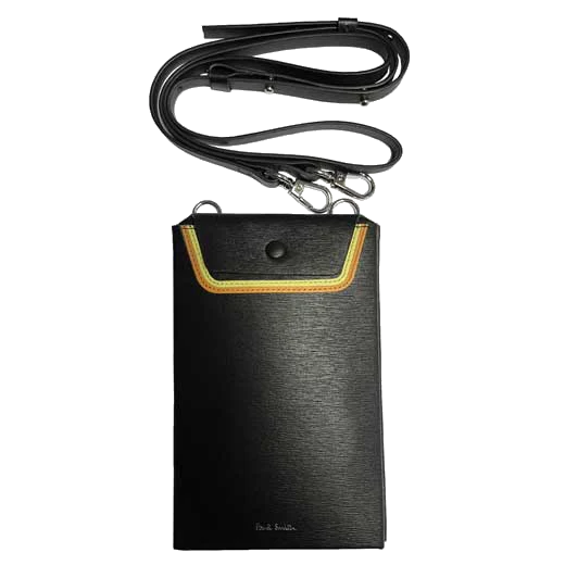 Paul Smith Black Straw Grain Leather Phone Wallet with Strap & Yellow Details - Image 3