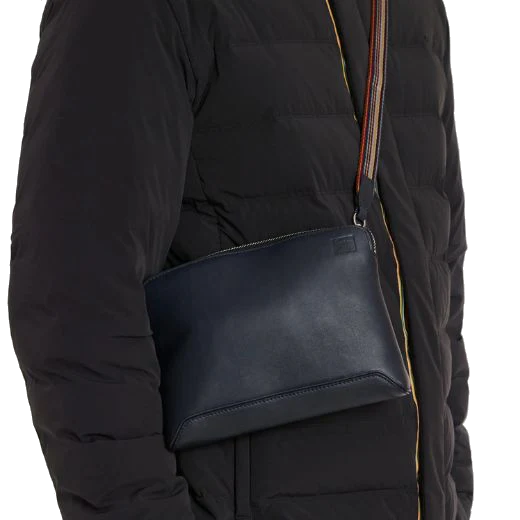 Paul Smith Dark Blue Leather 'Signature Stripe' Musette Bag - Image 6