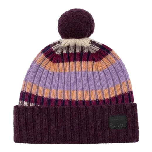 Paul Smith Freya Stripe Knit Purple Lambswool Beanie Hat