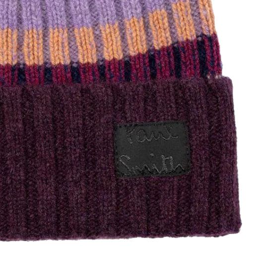 Paul Smith Freya Stripe Knit Purple Lambswool Beanie Hat - Image 2