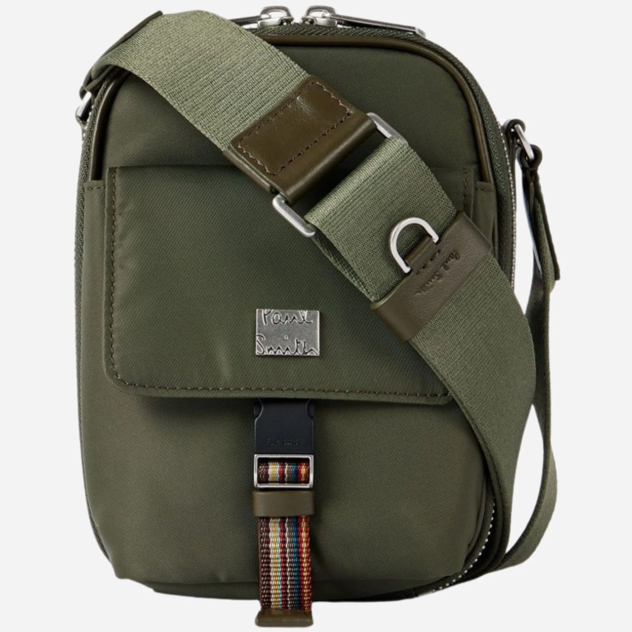 Paul Smith Green Recycled Nylon Small Flight Bag with Signature Stripe Trims - Image 2