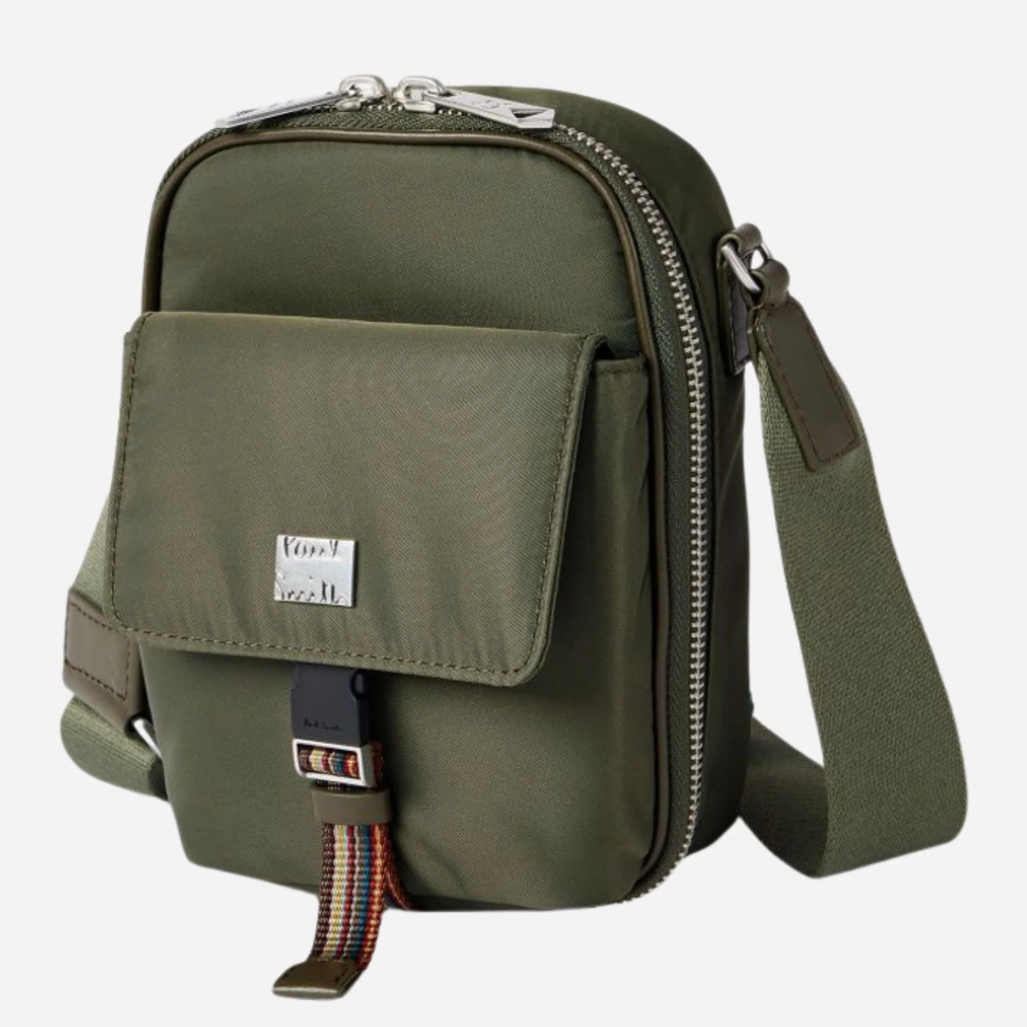 Paul Smith Green Recycled Nylon Small Flight Bag with Signature Stripe Trims - Image 3