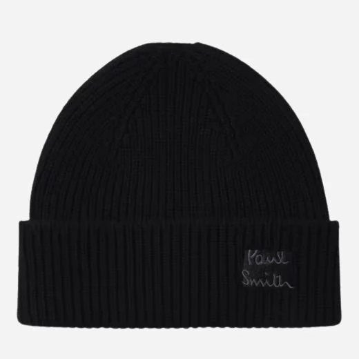 Paul Smith Men's Black Cashmere-Blend Beanie Hat with Embroidered Logo