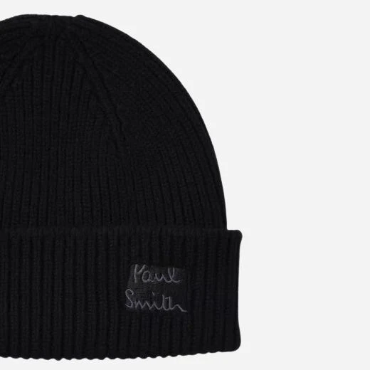 Paul Smith Men's Black Cashmere-Blend Beanie Hat with Embroidered Logo - Image 2