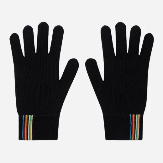 Paul Smith Men's Black Merino Wool Gloves with Signature Stripe Edge