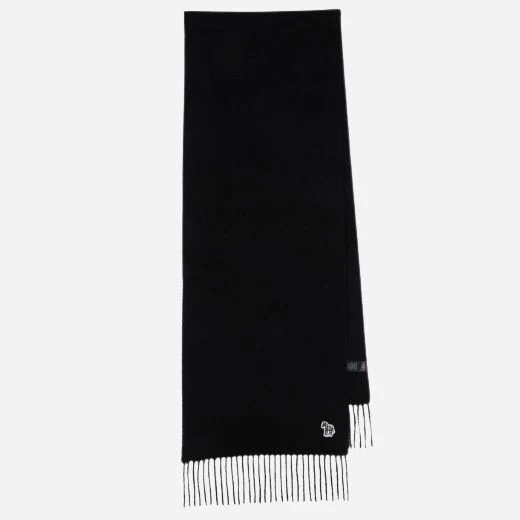 Paul Smith Men's Black Wool Scarf with Fringed Edges and Zebra Logo