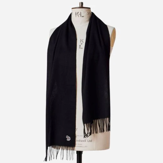 Paul Smith Men's Black Wool Scarf with Fringed Edges and Zebra Logo - Image 3