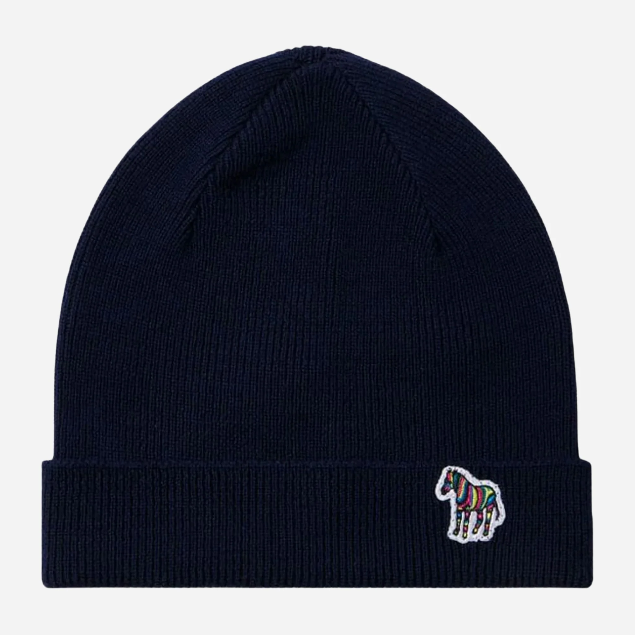 Paul Smith Navy Blue Wool Beanie with Signature Stripe Zebra Logo