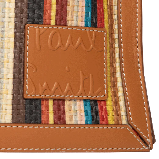 Paul Smith Tan Leather Trim Raffia Stripe Tote Bag - Image 4