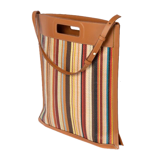 Paul Smith Tan Leather Trim Raffia Stripe Tote Bag - Image 5