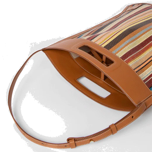 Paul Smith Tan Leather Trim Raffia Stripe Tote Bag - Image 6
