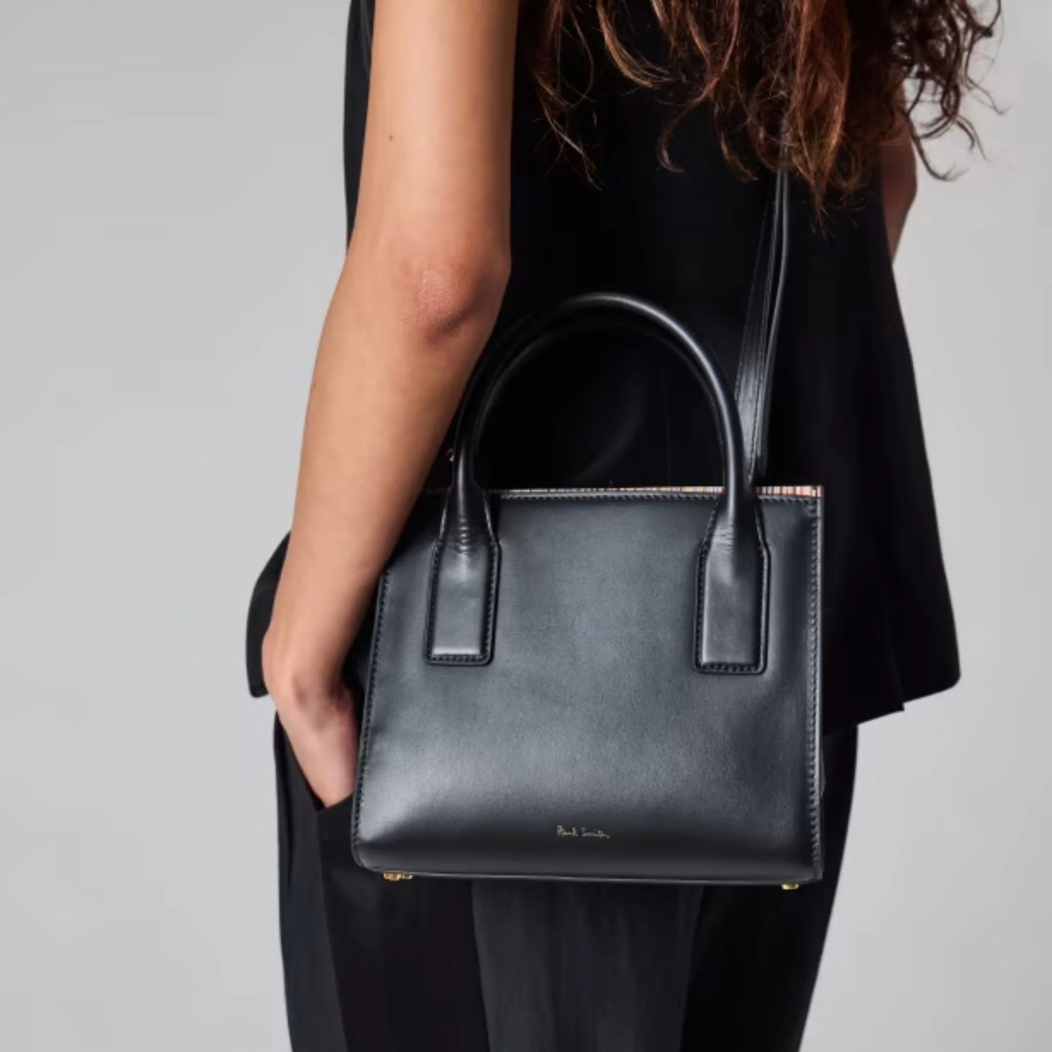 Paul Smith Women's Black Leather Top Handle Bag with 'Signature Stripe' Trims - Image 6