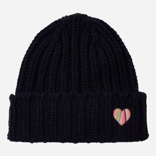 Paul Smith Women's Navy Blue Lambswool Beanie with Swirl Heart Logo