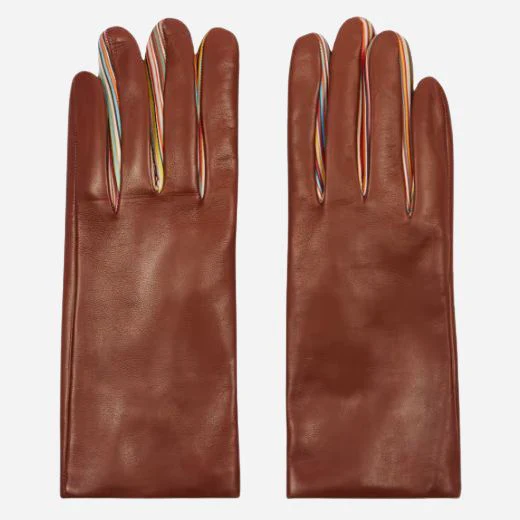 Paul Smith Women's Tan Brown Leather Gloves with Signature Stripe