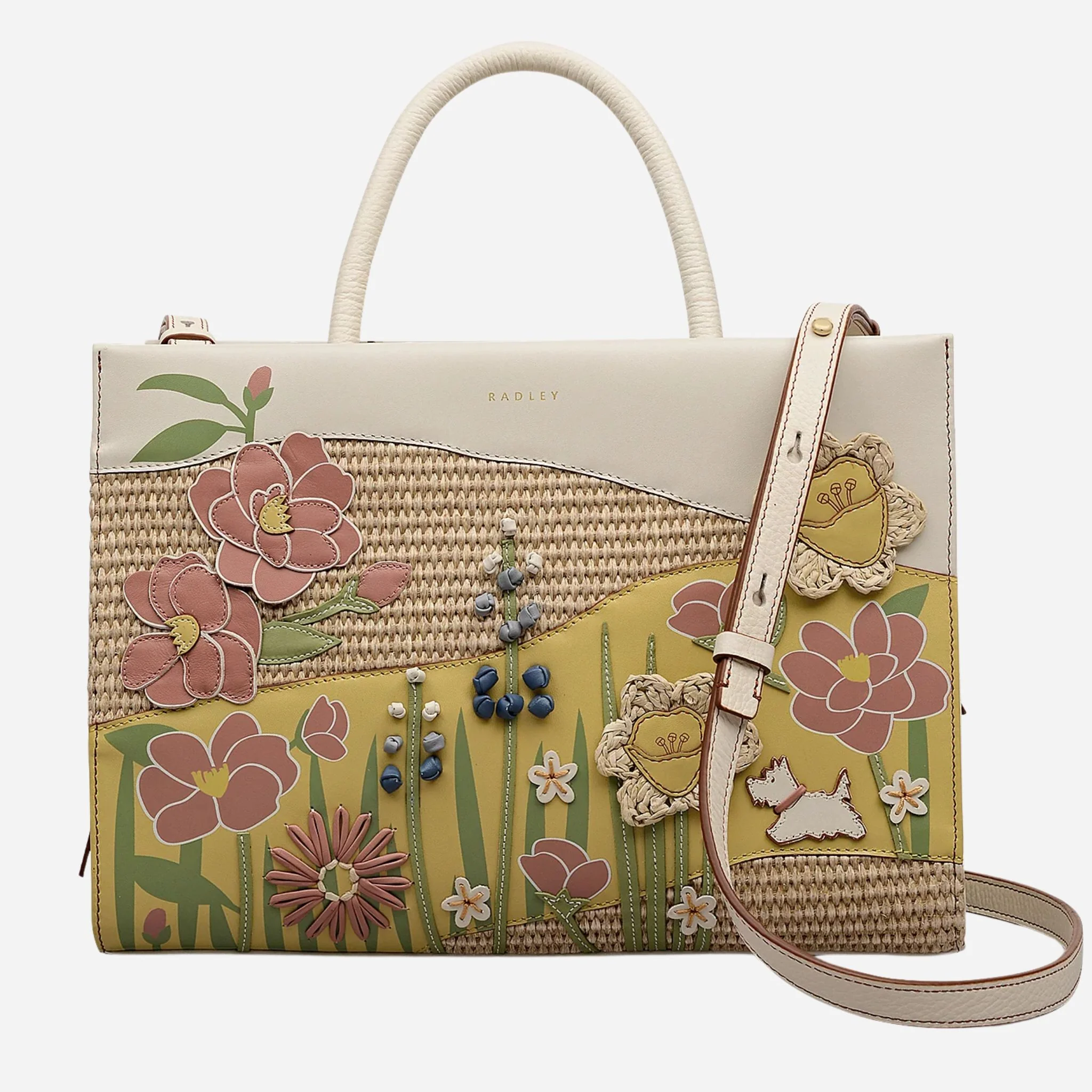 Radley Spring Blooms Raffia and Leather Medium Ziptop Multiway Bag