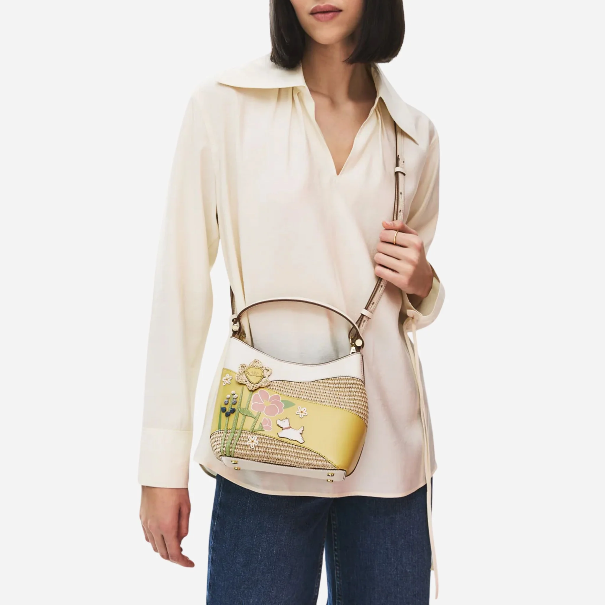 Radley Spring Blooms Raffia and Leather Small Open Top Cross Body Bag - Image 5