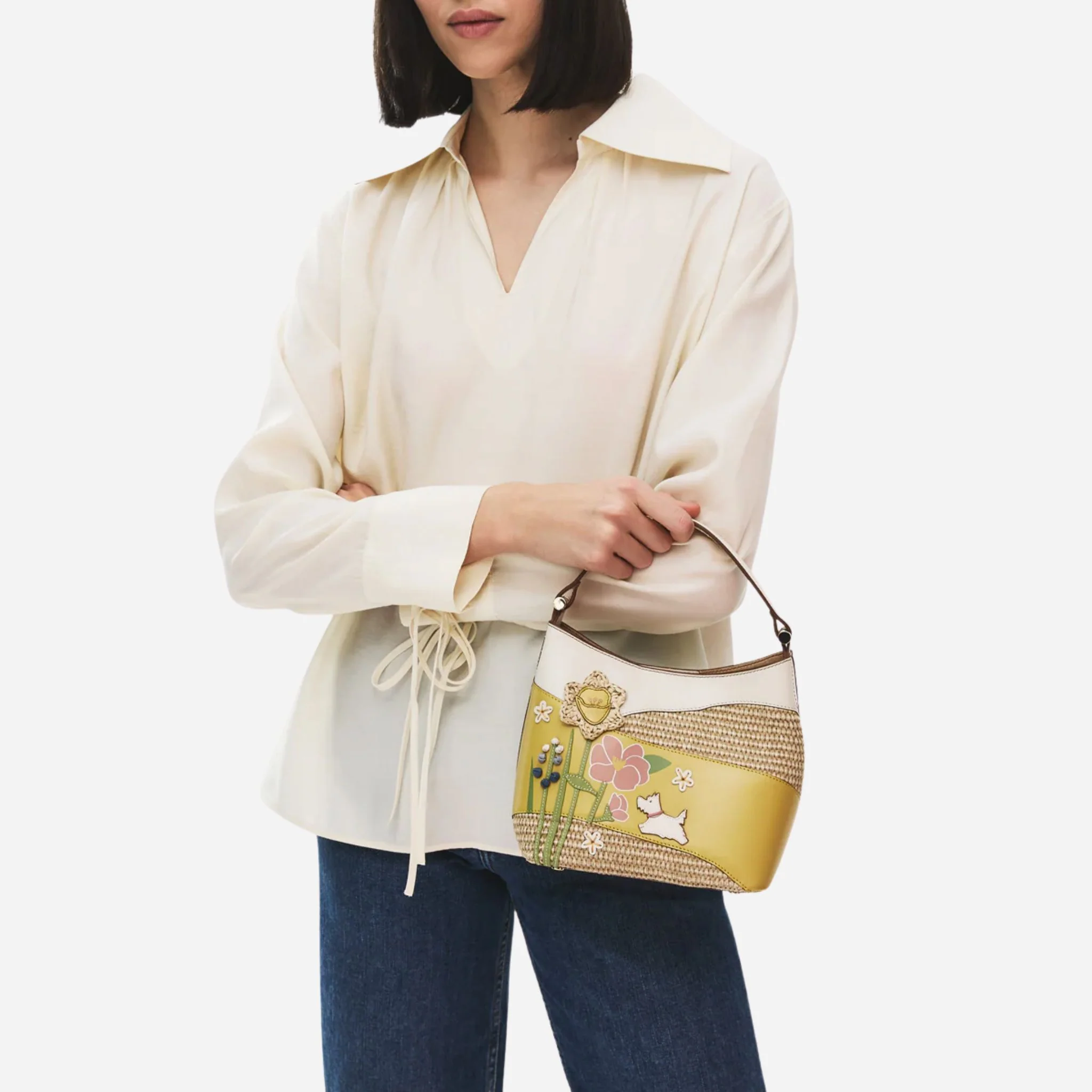 Radley Spring Blooms Raffia and Leather Small Open Top Cross Body Bag - Image 6