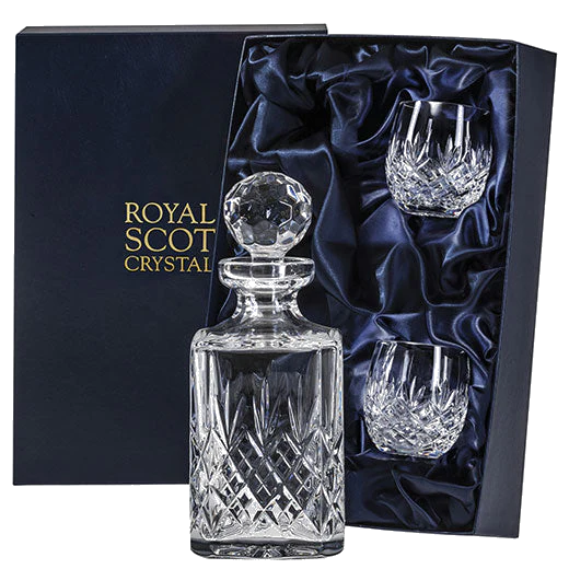 Royal Scot Crystal Edinburgh Square Decanter & Barrel Tumblers Whisky Set