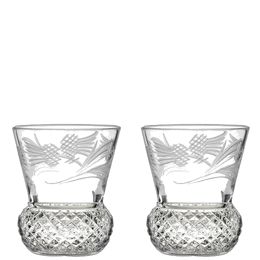 Royal Scot Crystal Flower of Scotland 2 x 6cl Thistle Shape Tot Glasses