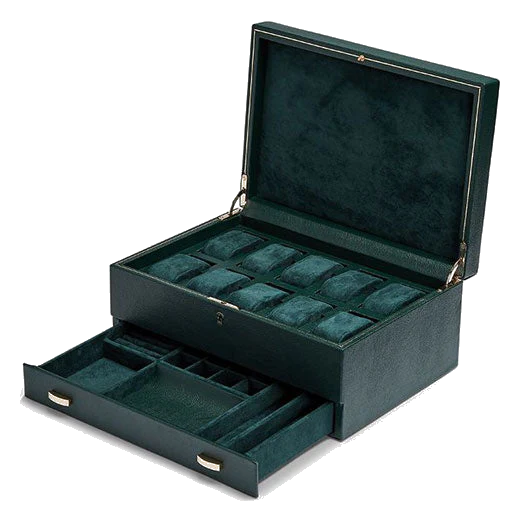 WOLF Green British Racing 10 Piece Watch Box with Storage