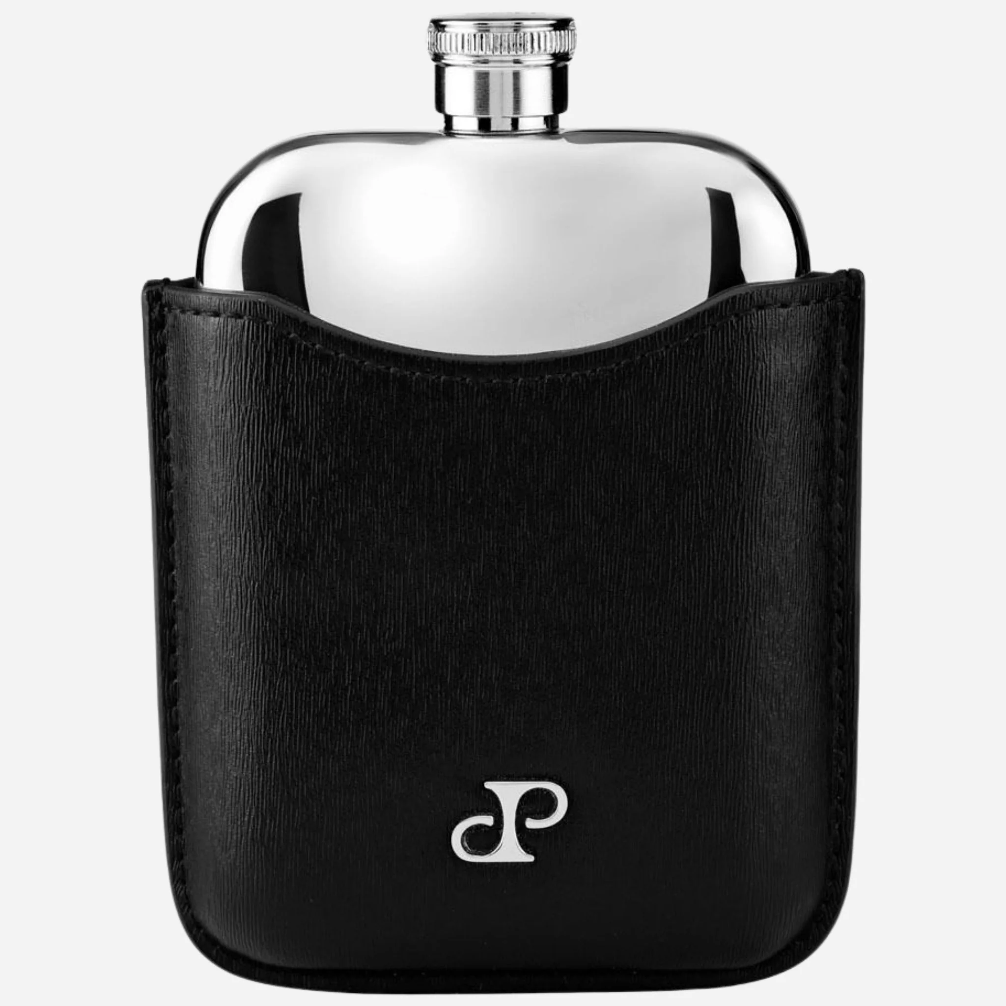 WOLF Philipp Silver-Plated Stainless Steel Hip Flask with Black Faux Leather Sleeve