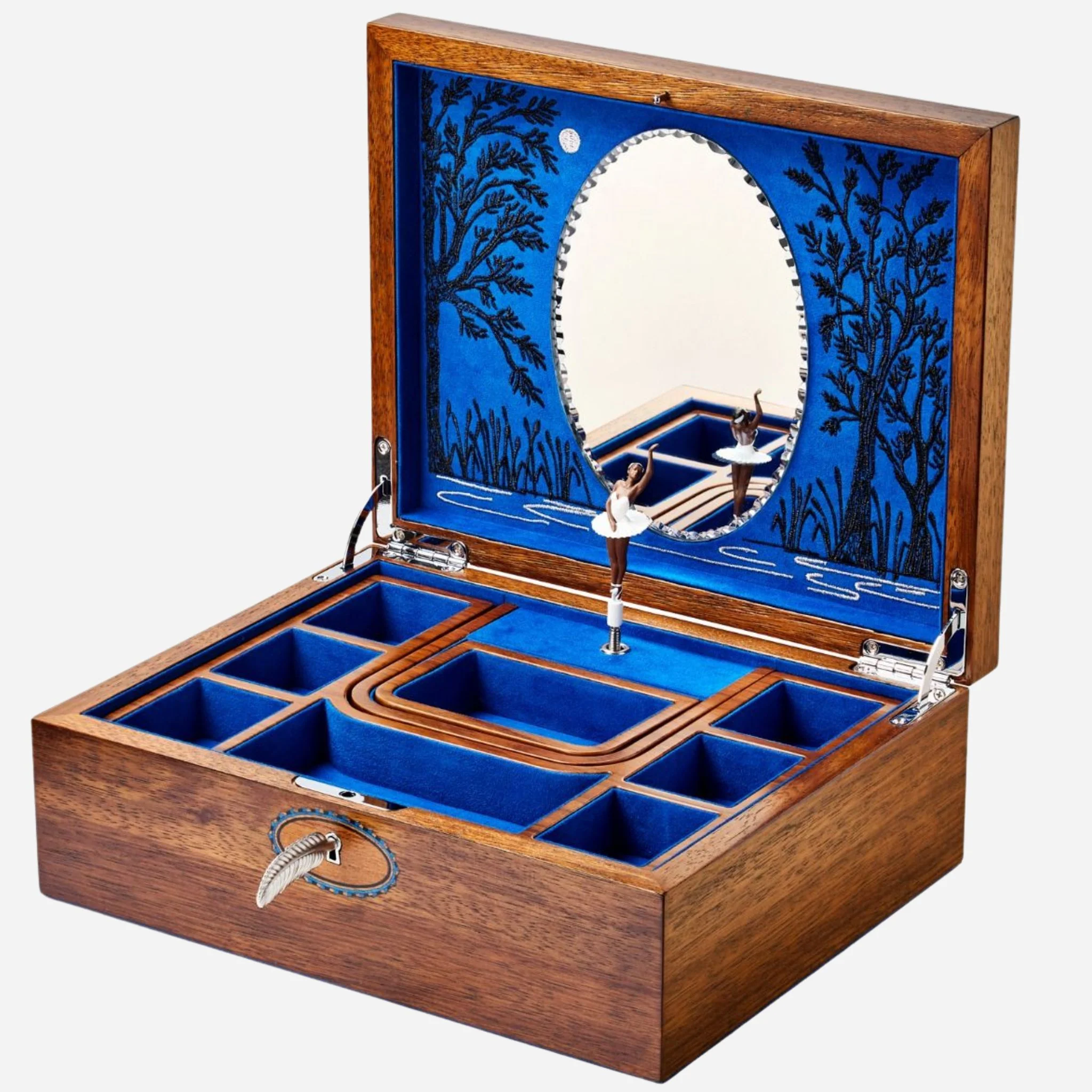 WOLF Swan Lake Ballet Musical Jewellery Box in Blue and Walnut Wood