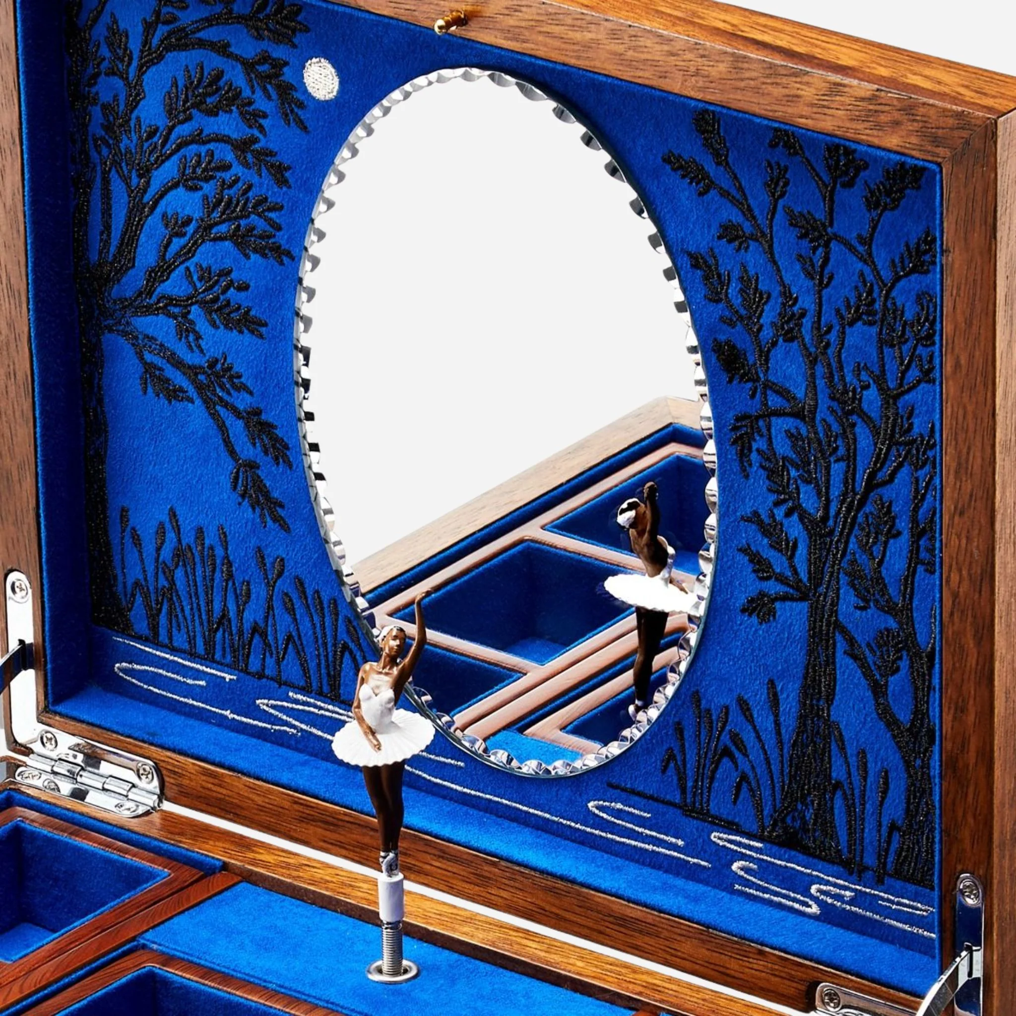 WOLF Swan Lake Ballet Musical Jewellery Box in Blue and Walnut Wood - Image 2