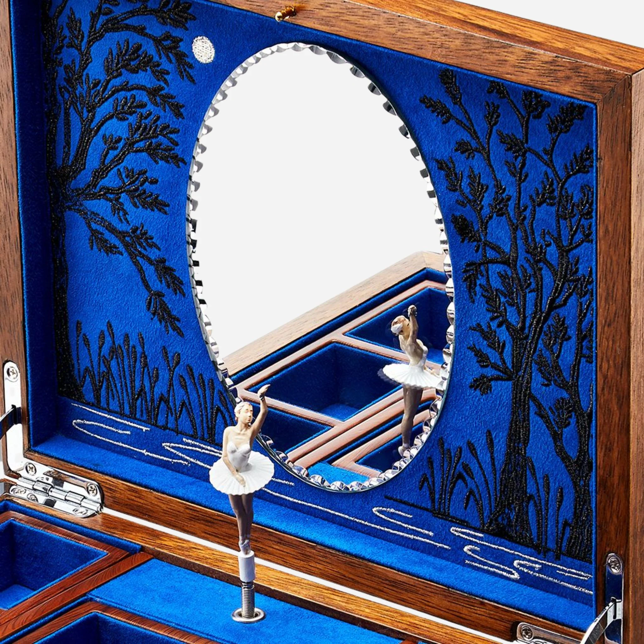 WOLF Swan Lake Ballet Musical Jewellery Box in Blue and Walnut Wood - Image 3