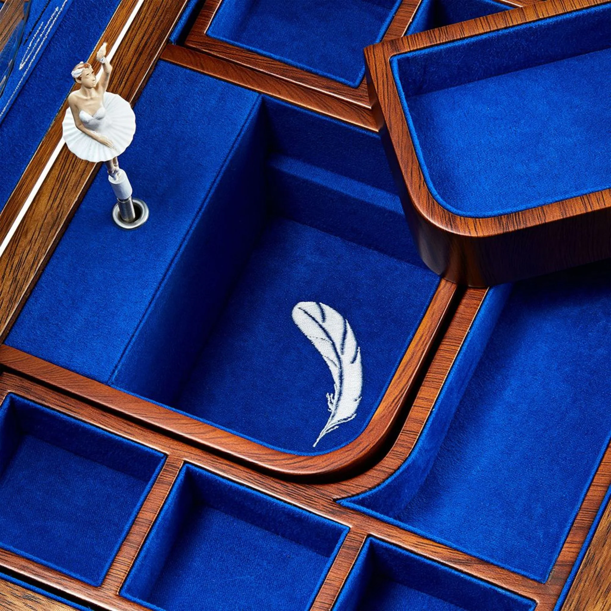 WOLF Swan Lake Ballet Musical Jewellery Box in Blue and Walnut Wood - Image 4