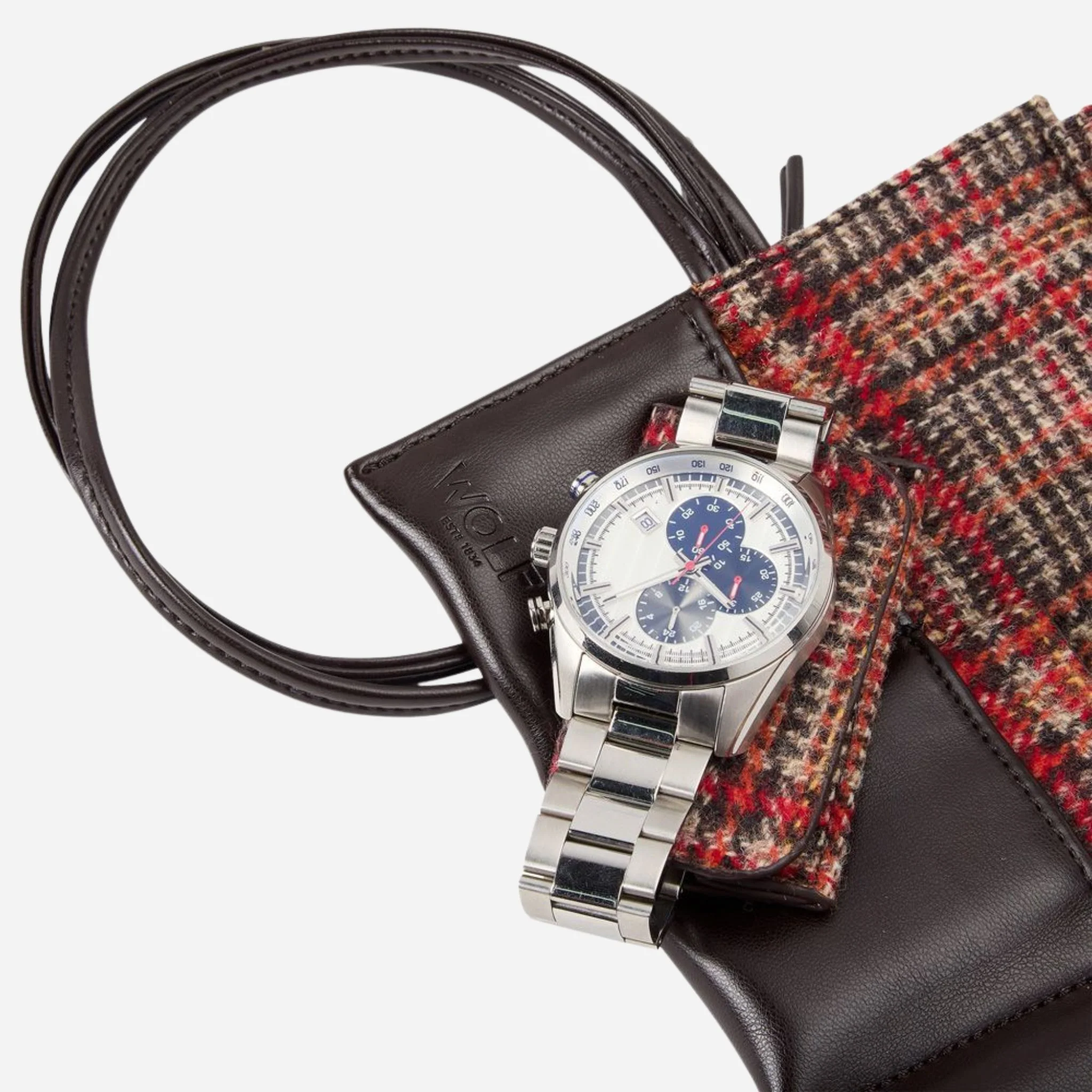 WOLF WM Brown Faux Leather and Tweed Watch Roll Out with 6 Wraps - Image 5