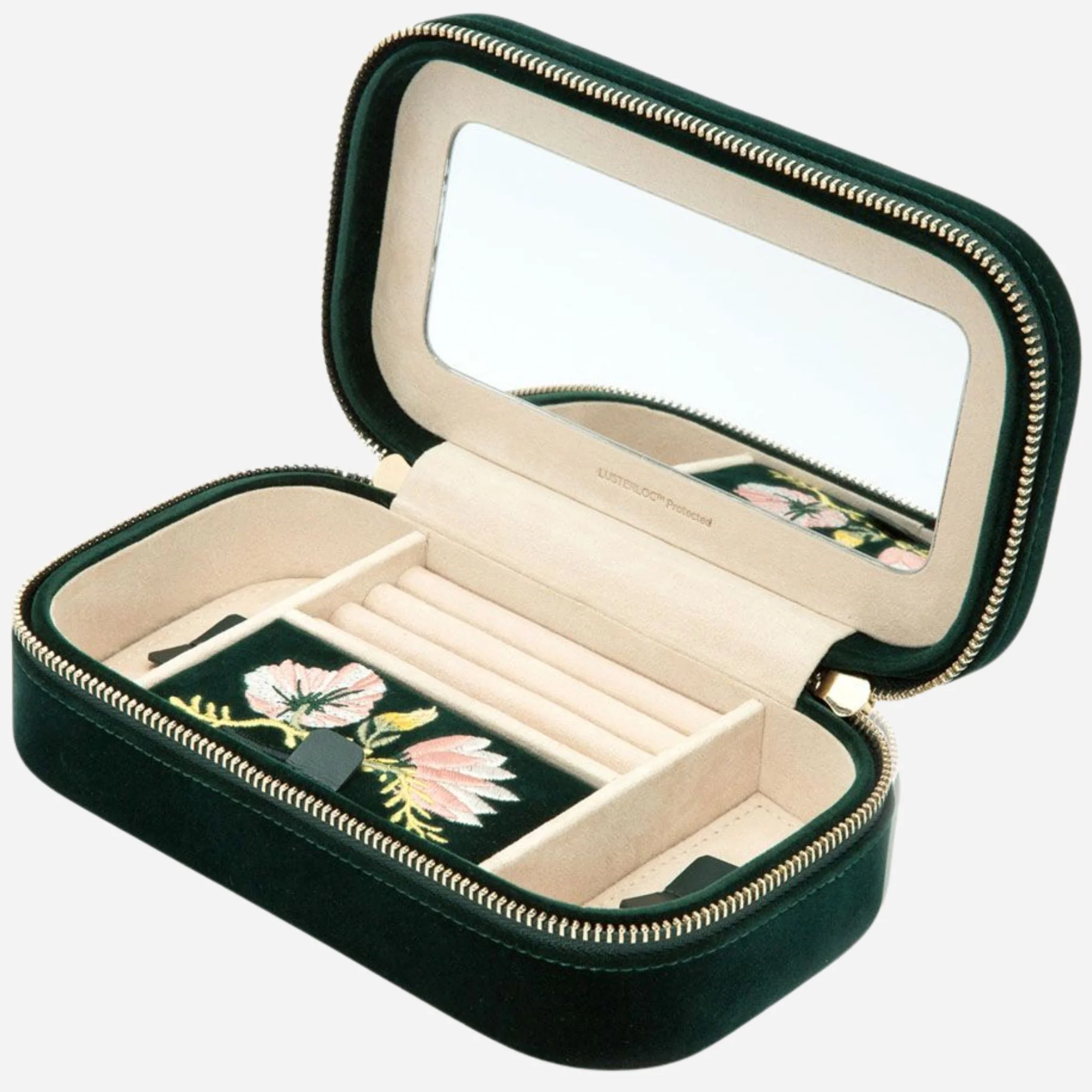 WOLF Zoe Forest Green Velvet Travel Zip Jewellery Case - Image 4